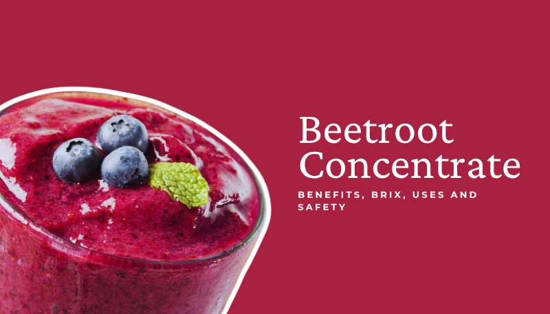 Beetroot concentrate in laboratory beaker next to fresh beetroots showing natural red pigment for food coloring and sports nutrition applications